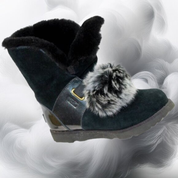 UGG Isley Shearling Lined Pom-Pom Black Shimmer Slip-On Tall Ankle Boot, Size 5 - Picture 2 of 9